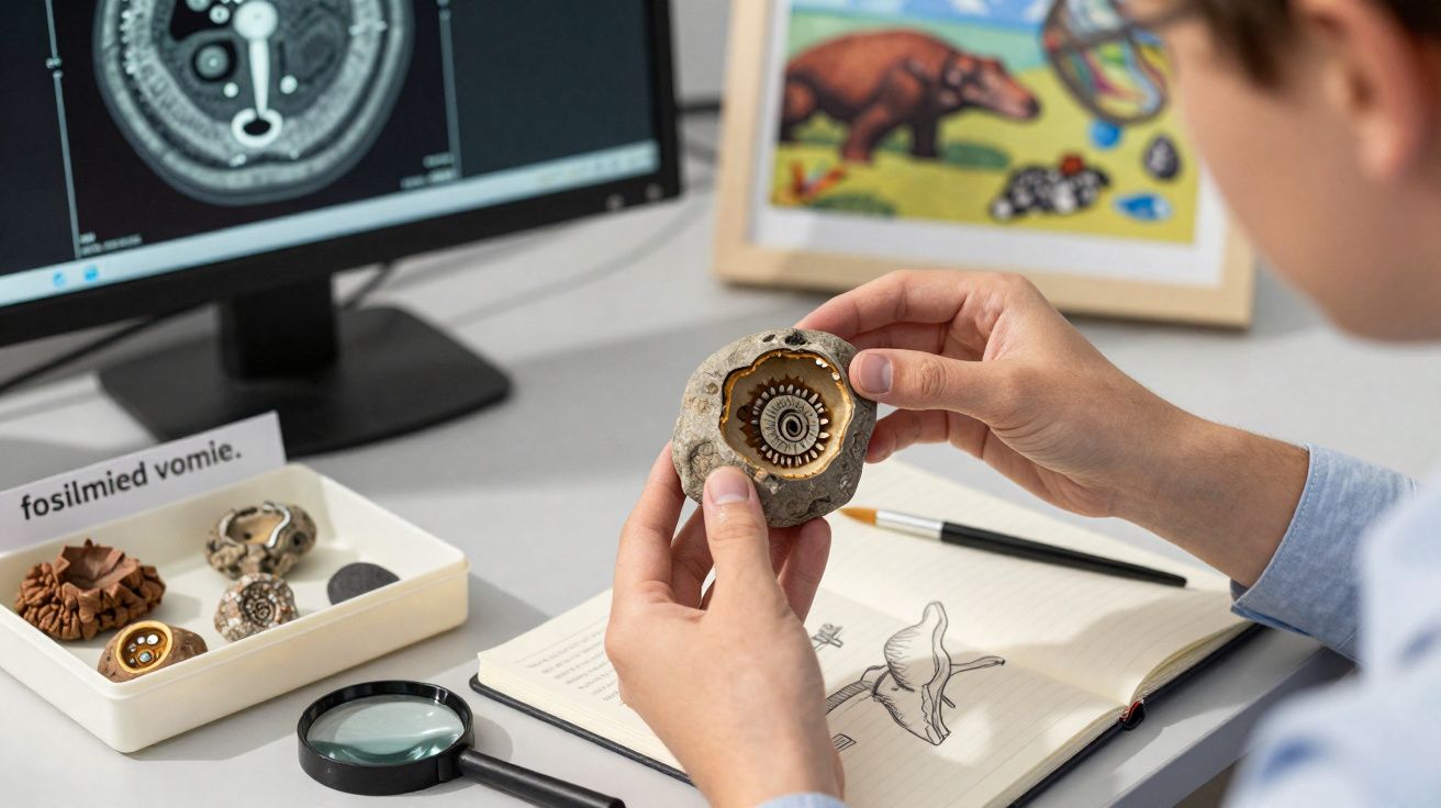 Pessoa a examinar fóssil detalhado com lupa, caderno de desenhos e imagens de fósseis num ambiente de estudo.