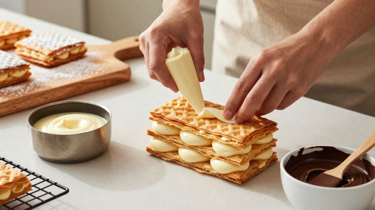 Mãos a rechear camadas de massa folhada com creme em bancada com chocolate derretido e creme branco.