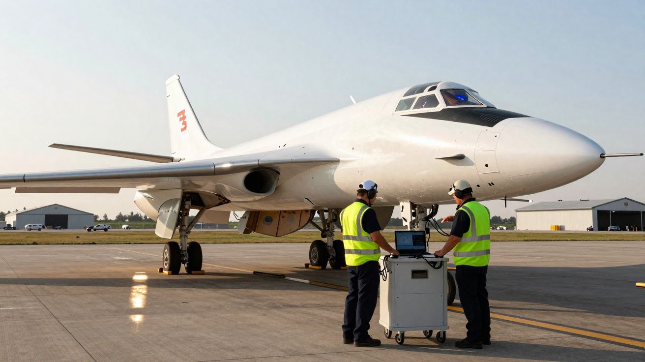 Dois técnicos em colete refletores junto a um avião branco estacionado num aeroporto ao ar livre.