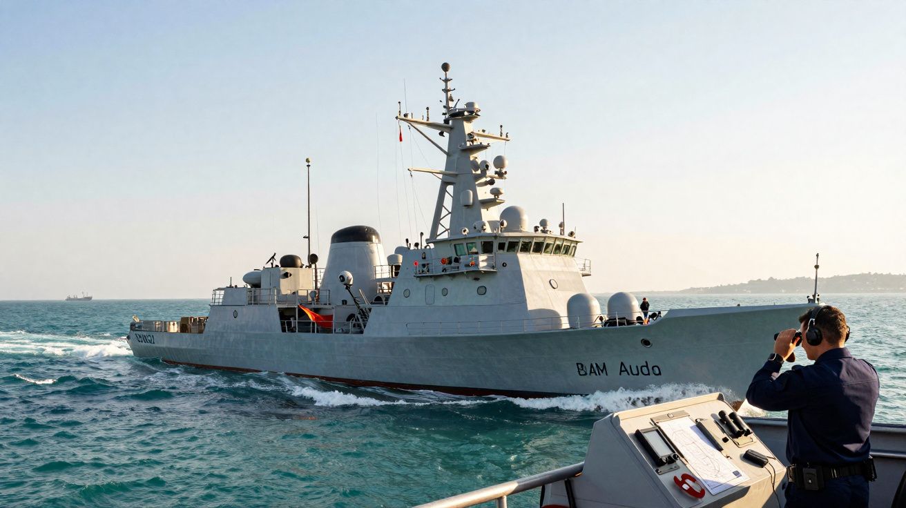 Navio militar BAM Auda navega no mar com um homem de uniforme a observar através de binóculos.