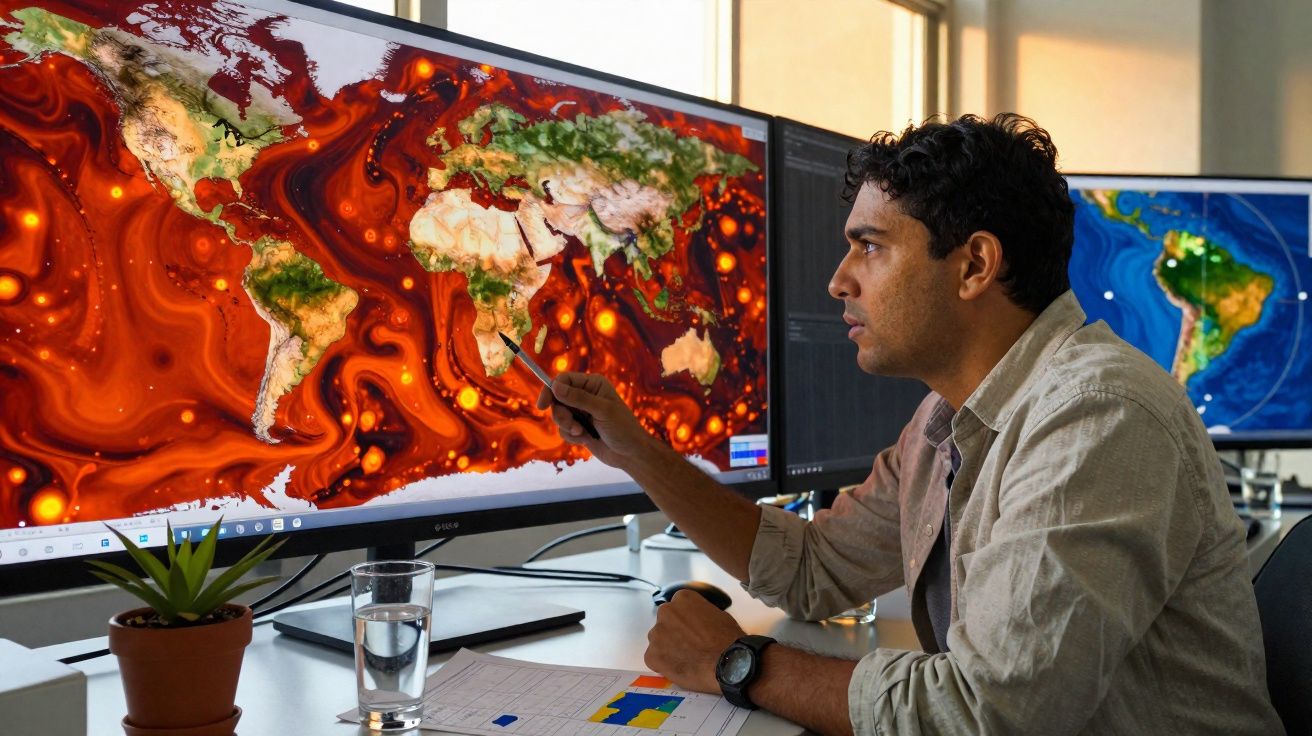 Homem analisa mapa mundial colorido em grande ecrã num escritório moderno.