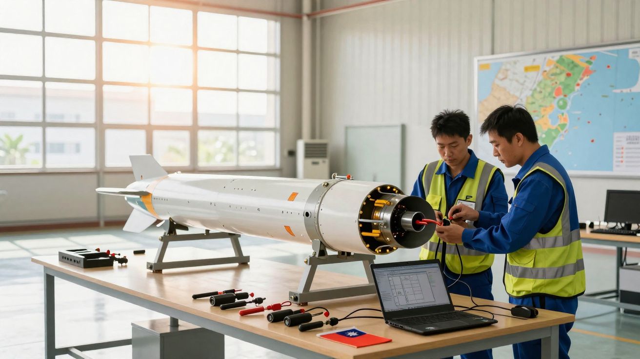 Técnicos em colete refletor ajustam equipamento em laboratório com modelo de míssil sobre mesa.