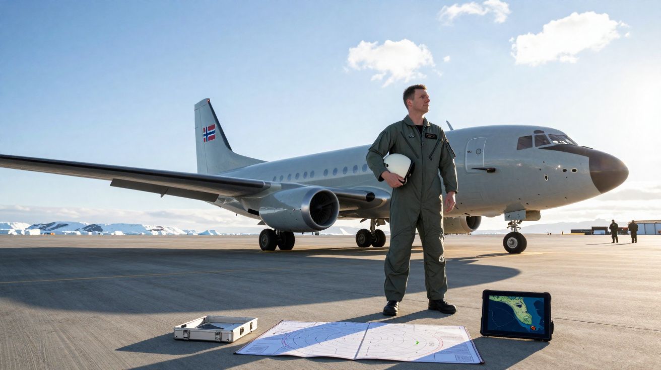Piloto em fato de voo junto a mapa e tablet no chão, com avião estacionado em pista e montanhas ao fundo.