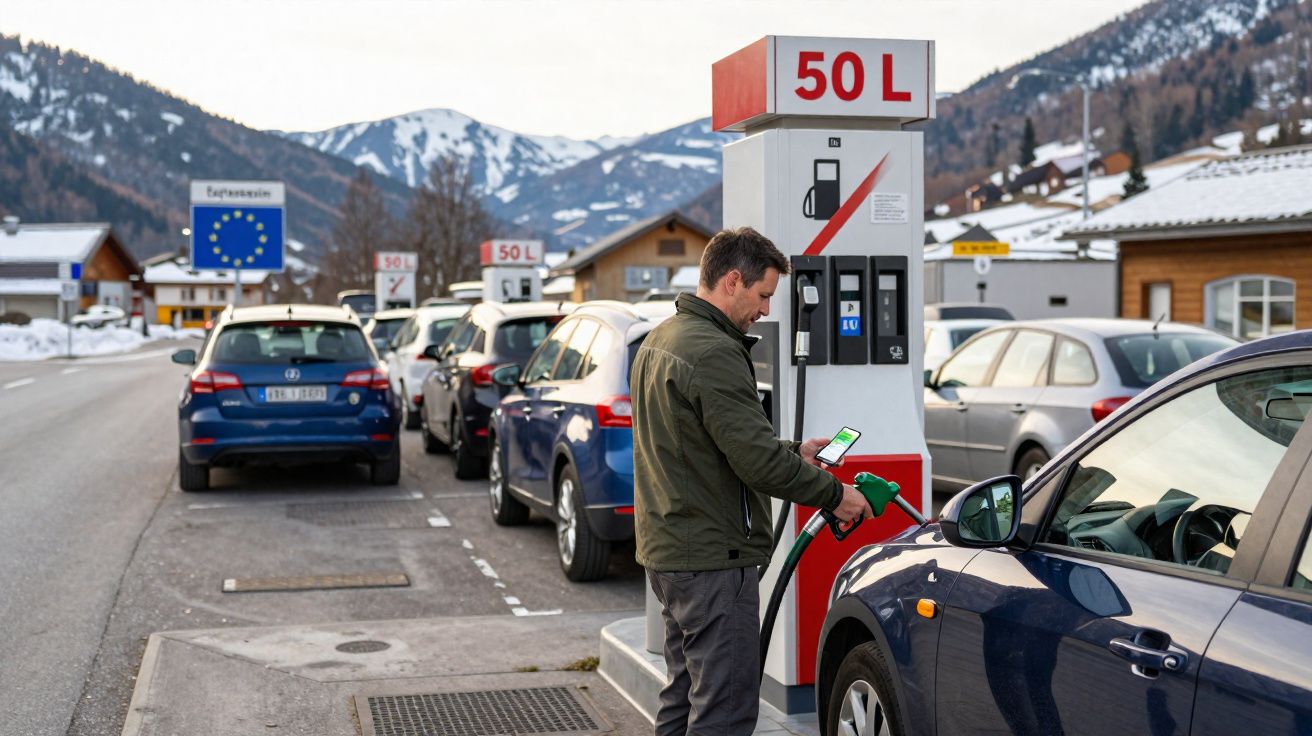 Homem a abastecer carro numa bomba de gasolina com neve e montanhas ao fundo.
