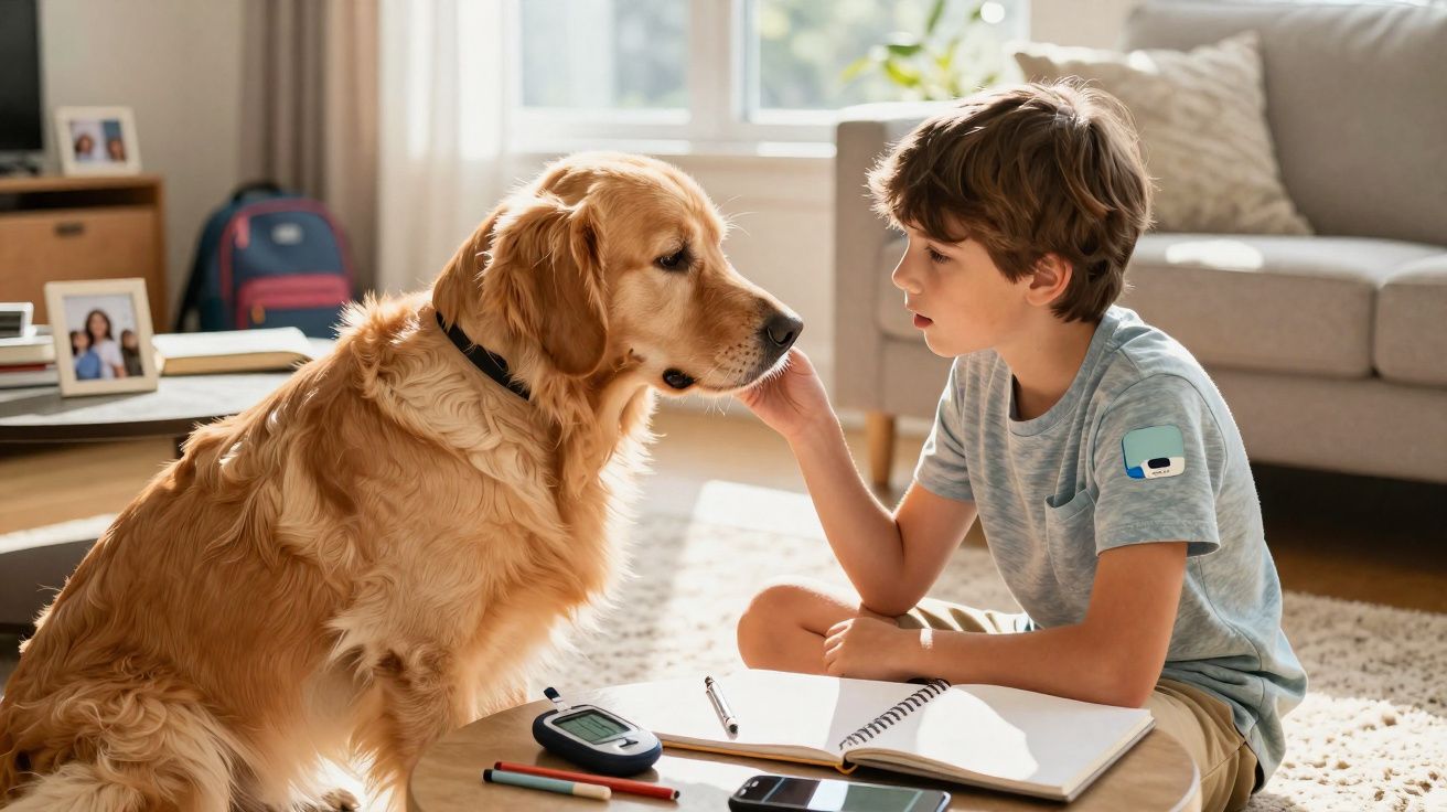 Criança sentada no chão a acariciar um cão dourado, com cadernos, canetas e medidor de glicose numa mesa à frente.