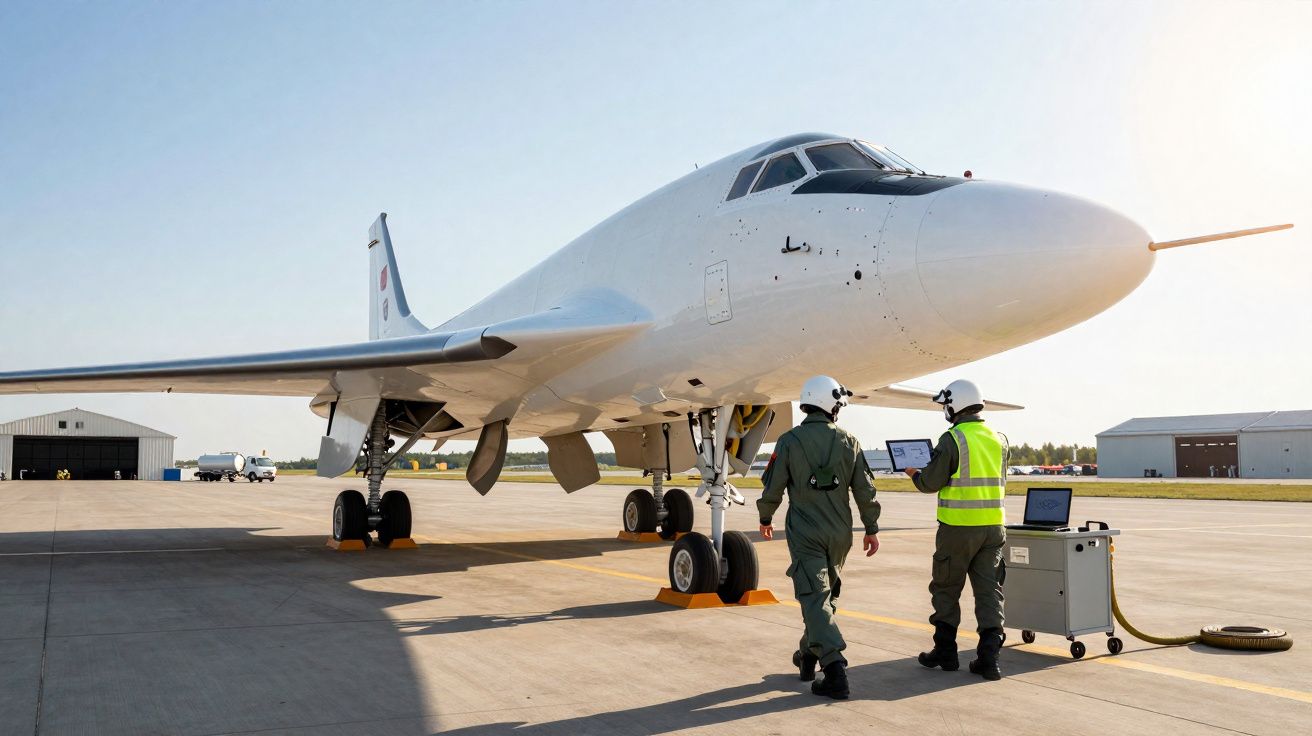 Avião branco estacionado no aeroporto com duas pessoas de farda e capacete a examinar equipamentos.