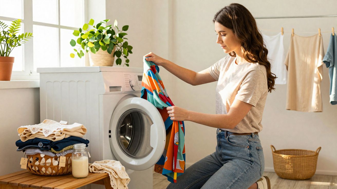 Mulher a colocar roupa colorida na máquina de lavar roupa numa sala iluminada com plantas e roupa pendurada.