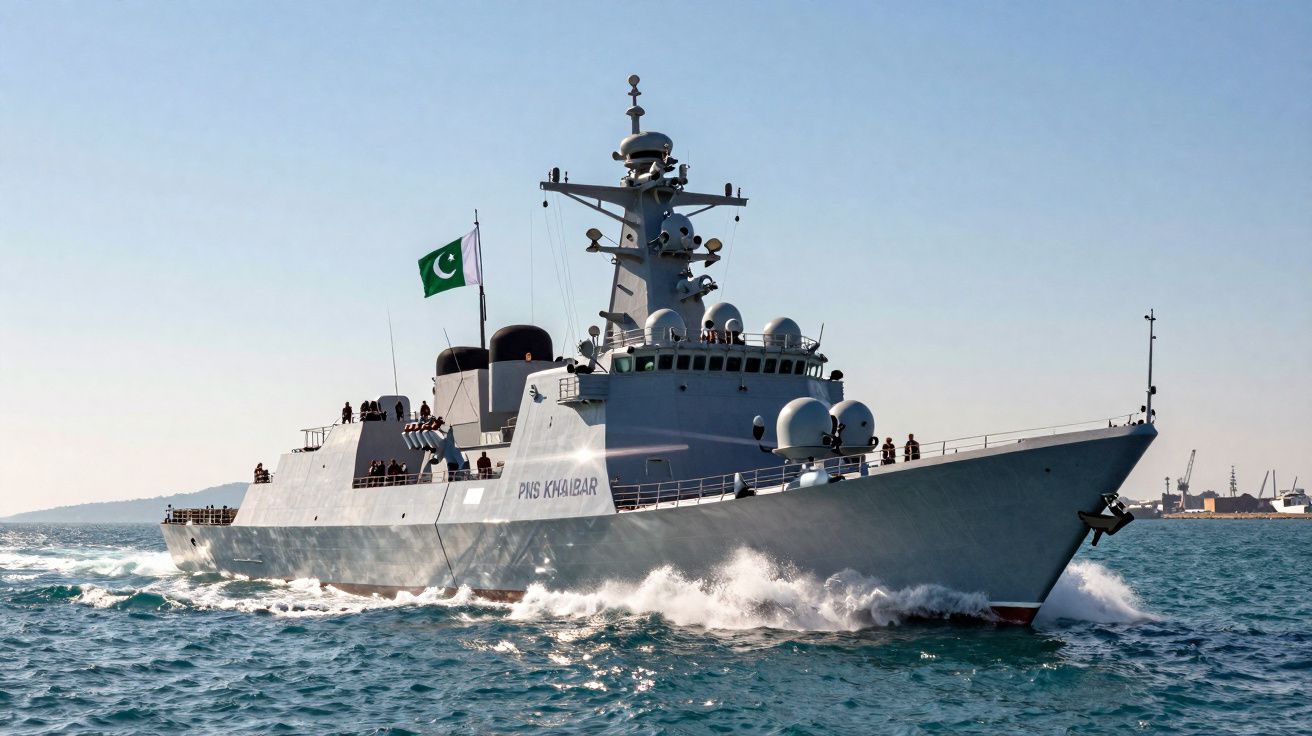 Fragata militar PNS Khanbar a navegar no mar com bandeira do Paquistão hasteada.