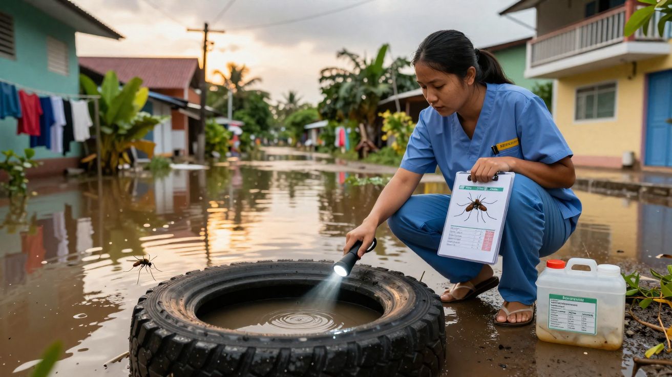 Profissional de saúde examina água parada num pneu abandonado após inundação, à procura de larvas de mosquito.