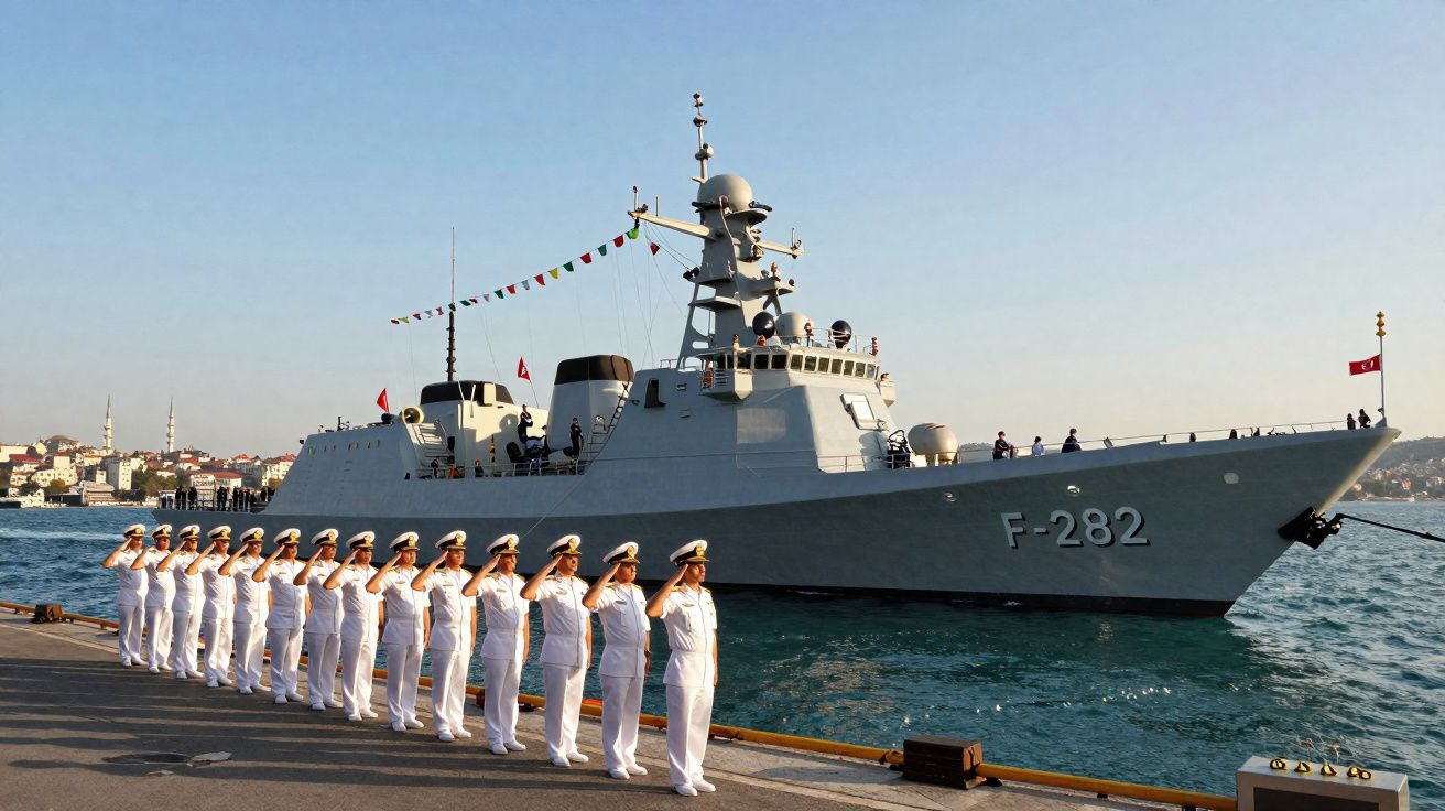 Marinheiros em uniforme branco a cumprimentar em doca, com navio militar F-282 ancorado ao fundo.