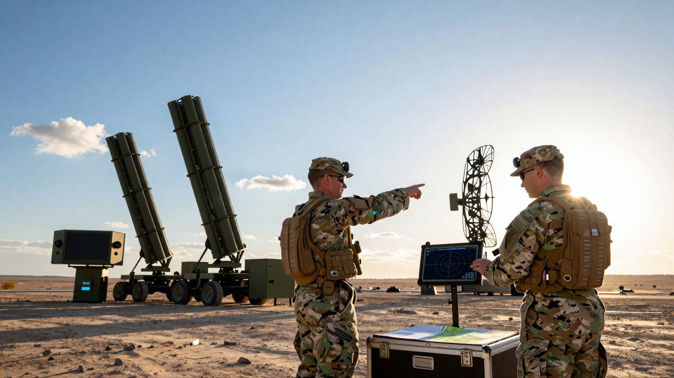 Dois soldados em uniforme camuflado operam equipamento militar de defesa antiaérea num deserto ao pôr do sol.