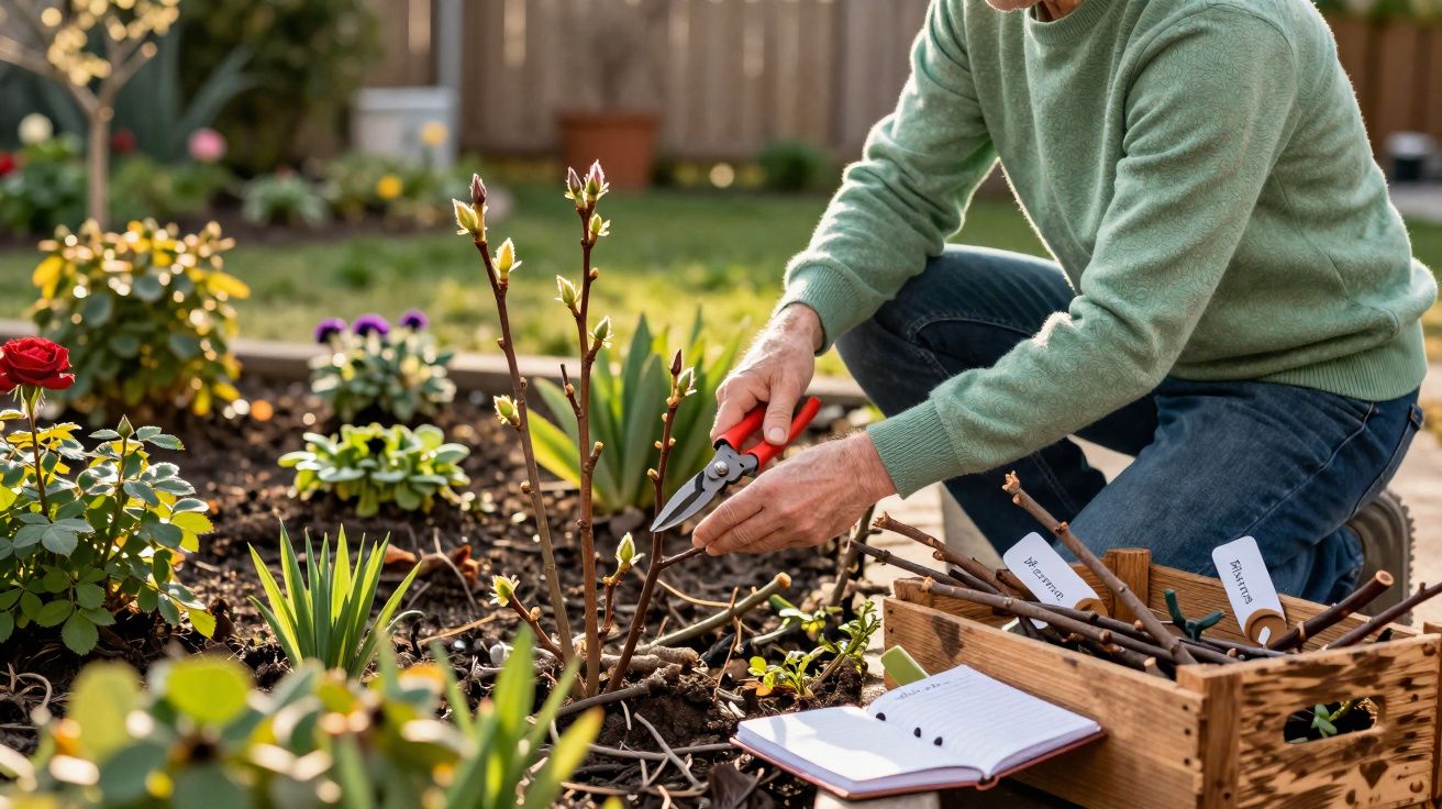 Pessoa a podar ramos num jardim ensolarado, com caixa de ferramentas e caderno à frente.