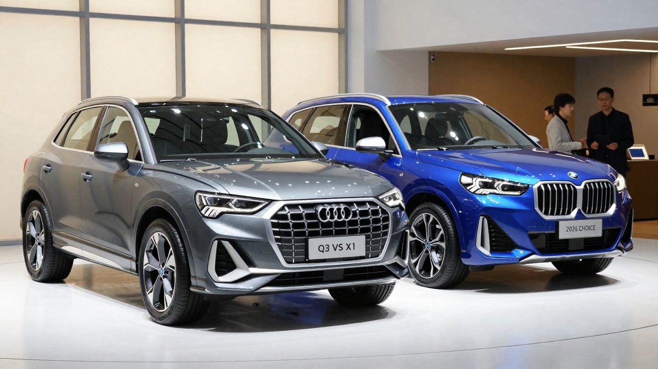 Dois SUV modernos em exposição, um Audi cinzento e um BMW azul, com pessoas ao fundo.