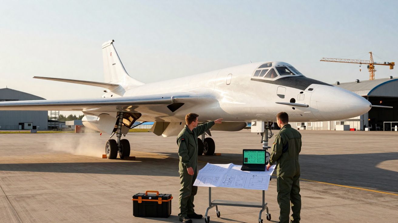Dois técnicos em uniforme verde analisam planos à frente de um jato branco numa pista de aeroporto.