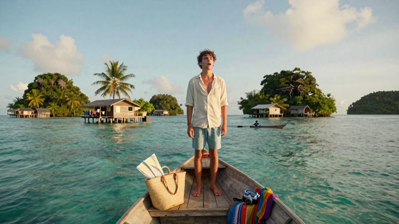 Homem de camisa e calções em barco de madeira com ilhas e casas sobre água ao fundo.
