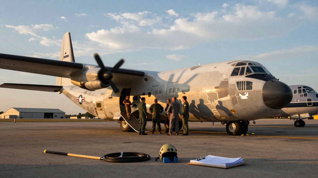 Grupo de homens em uniforme junto a avião militar estacionado ao pôr do sol numa pista de aeroporto.