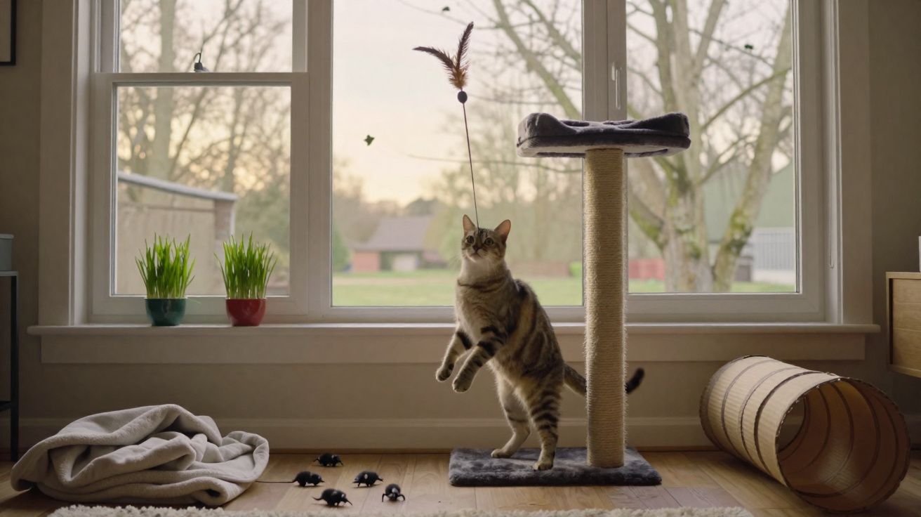 Gato castanho claro a brincar com brinquedo suspenso perto de arranhador junto a janela grande.