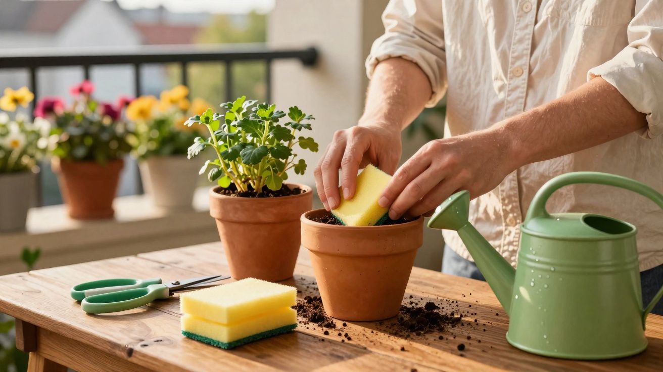 Pessoa a colocar uma esponja dentro de vaso de barro para plantar, com regador e tesoura na mesa de madeira.