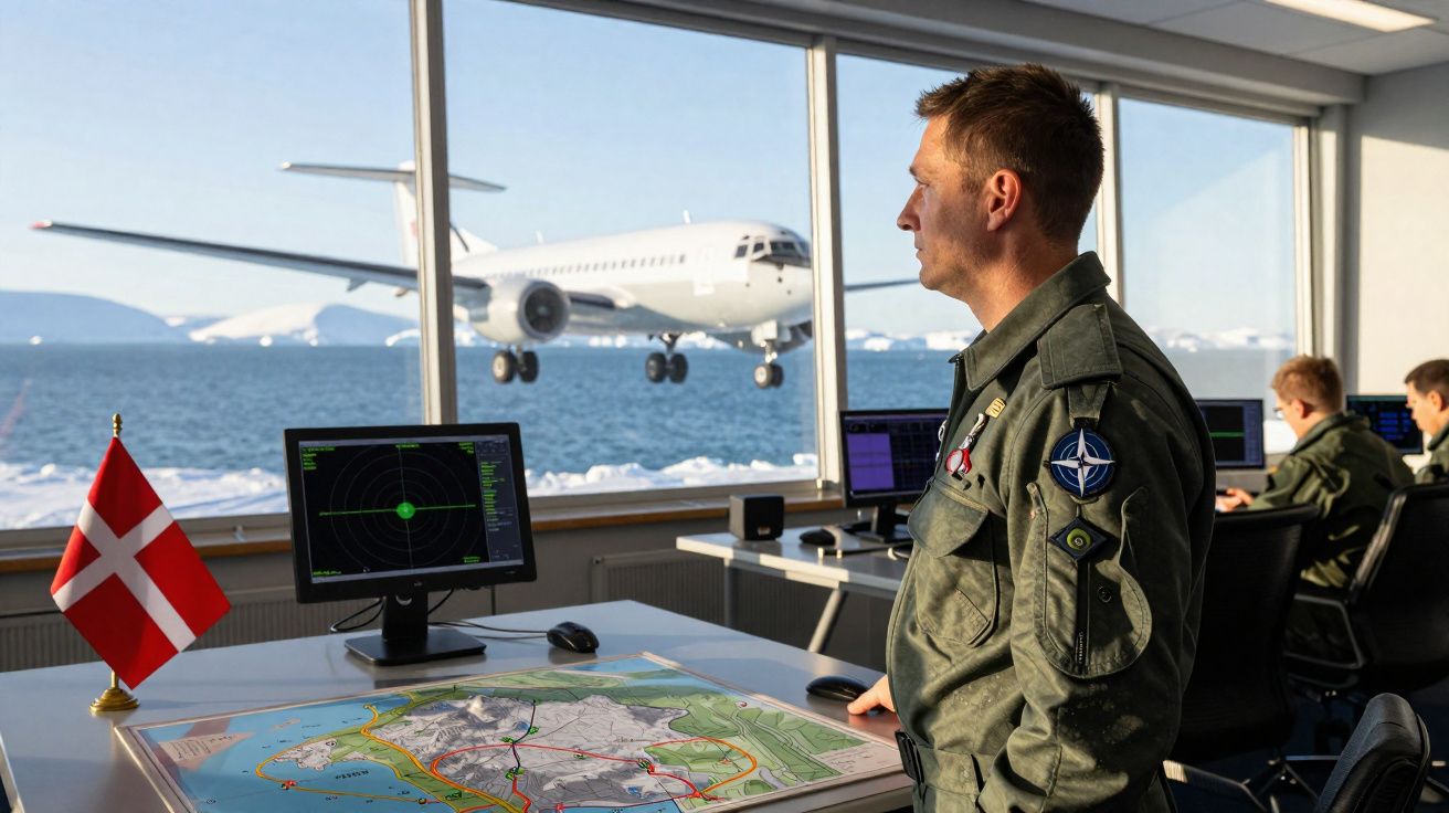 Militar da NATO em controlo de tráfego aéreo observando avião a pousar numa zona nevada junto ao mar.