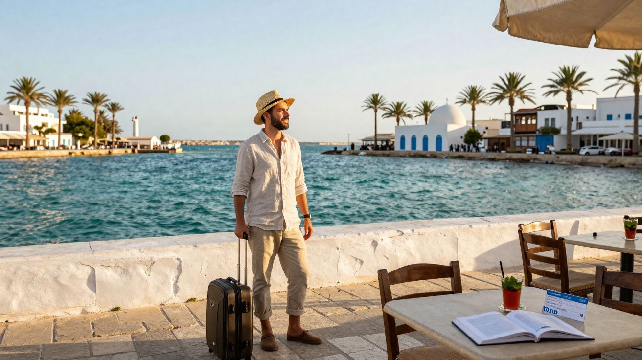 Homem com chapéu e mala à beira-mar, perto de mesas de café e palmeiras ao pôr do sol.