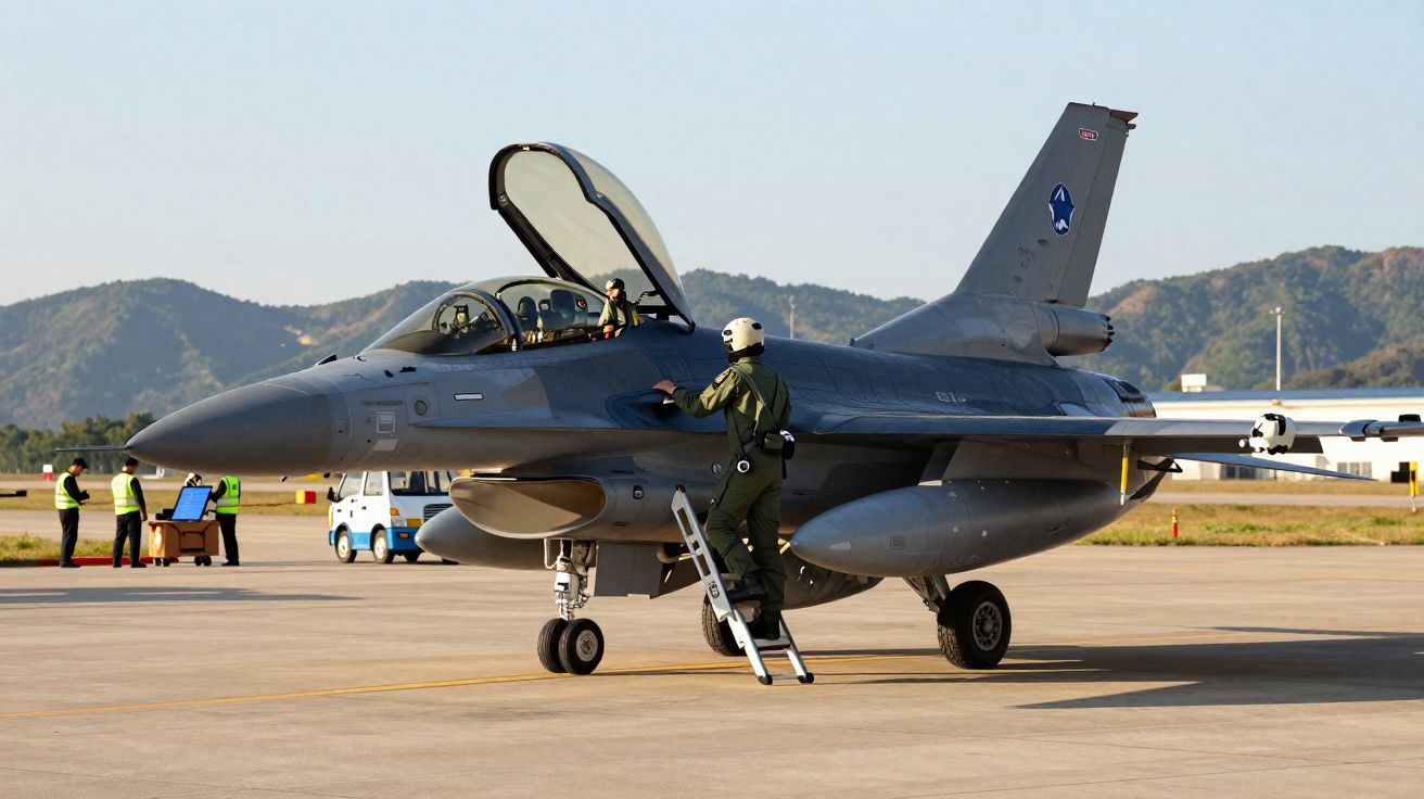 Caça militar estacionado com piloto a subir escada para a cabina, em pista de aeroporto com montanhas ao fundo.