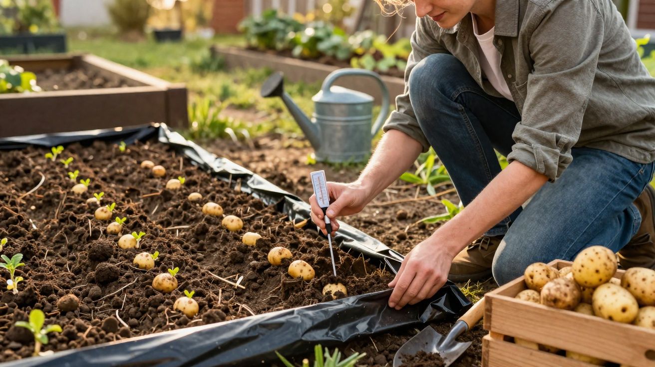 Pessoa a plantar batatas num canteiro de horta com terra fértil, regador e balde de batatas ao lado.