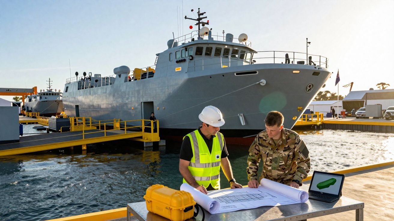 Dois homens, um de capacete e colete, outro em uniforme militar, analisam plantas junto a um grande navio cinzento atracado.
