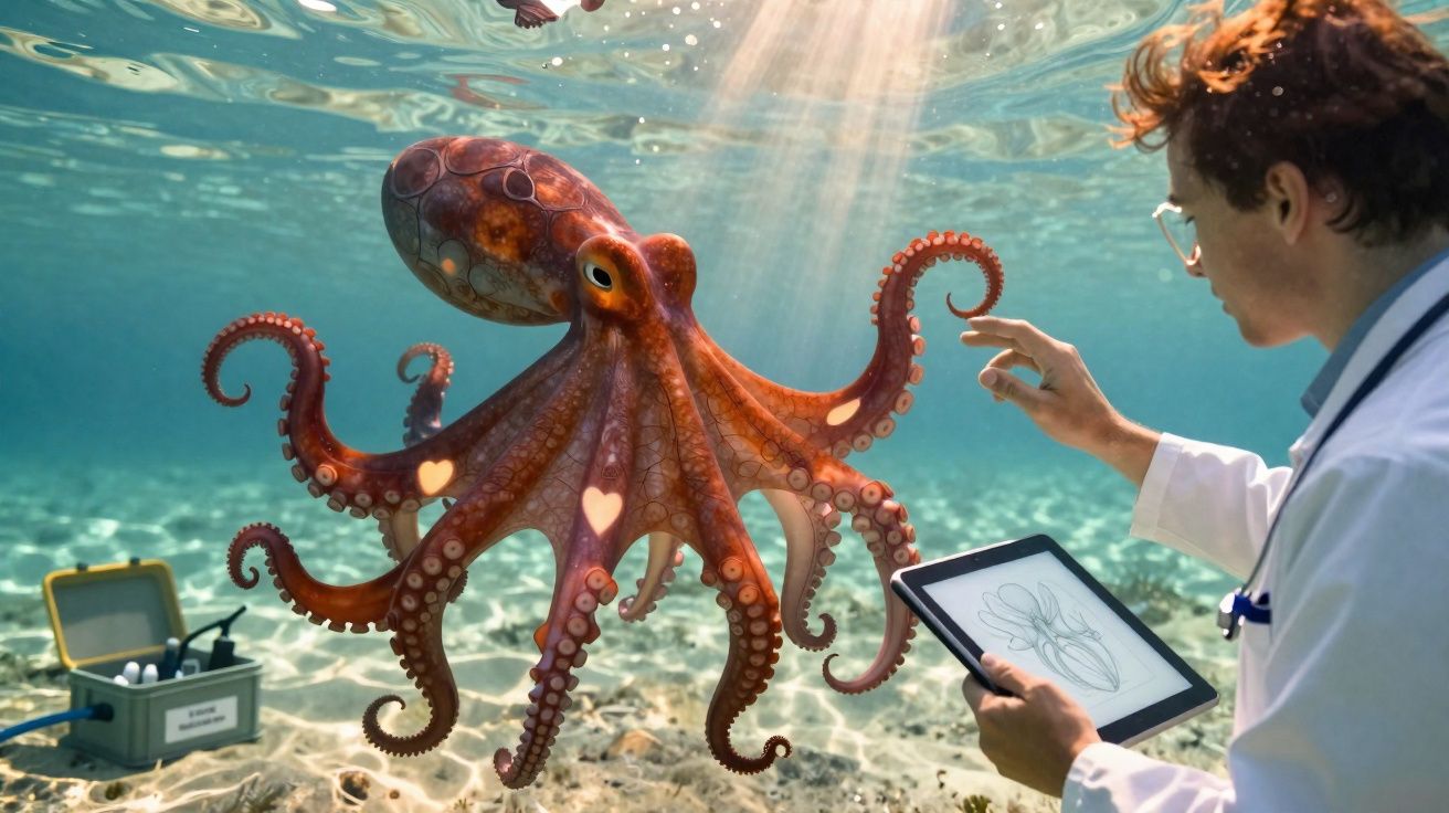 Investigador subaquático a estudar um polvo iluminado pela luz solar no fundo do mar.