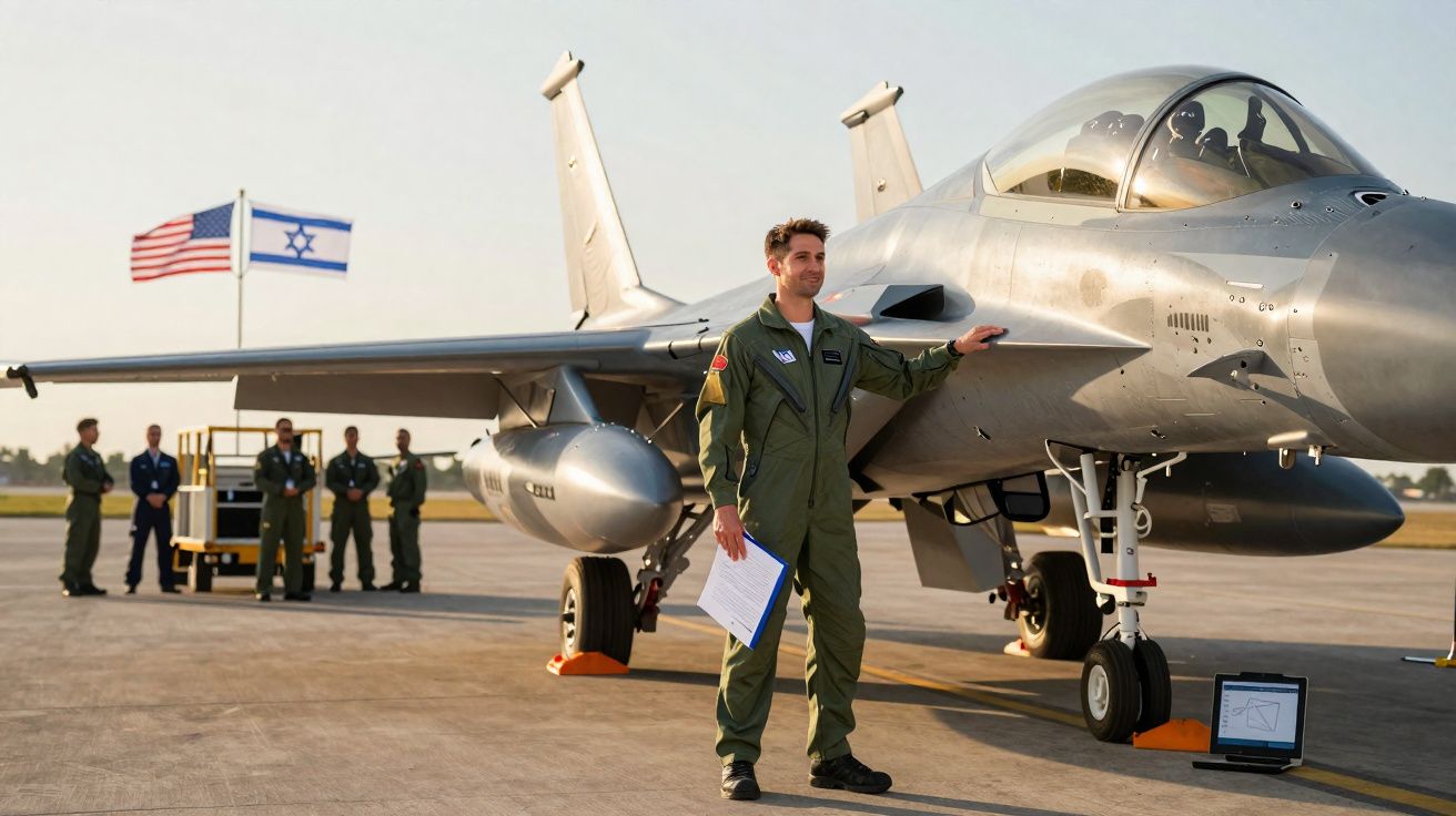 Piloto militar ao lado de um jato de combate numa pista de voo com bandeiras dos EUA e Israel ao fundo.