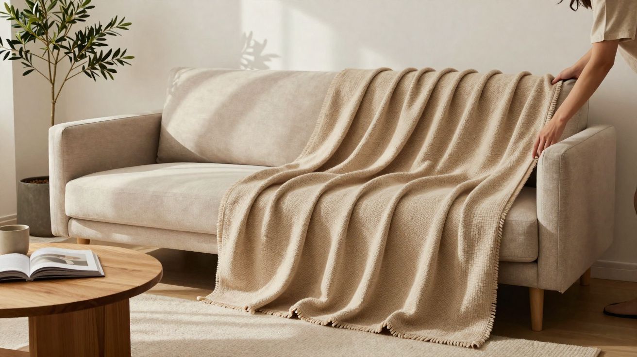 Pessoa a arrumar uma manta bege sobre um sofá moderno claro numa sala iluminada e minimalista.