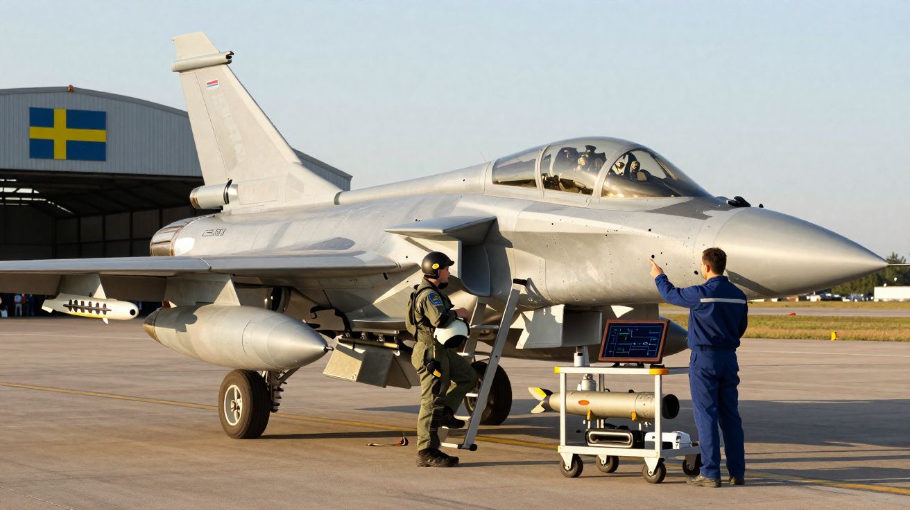 Caça militar estacionado com piloto, técnico e computadores num aeroporto com hangar e bandeira da Suécia ao fundo.