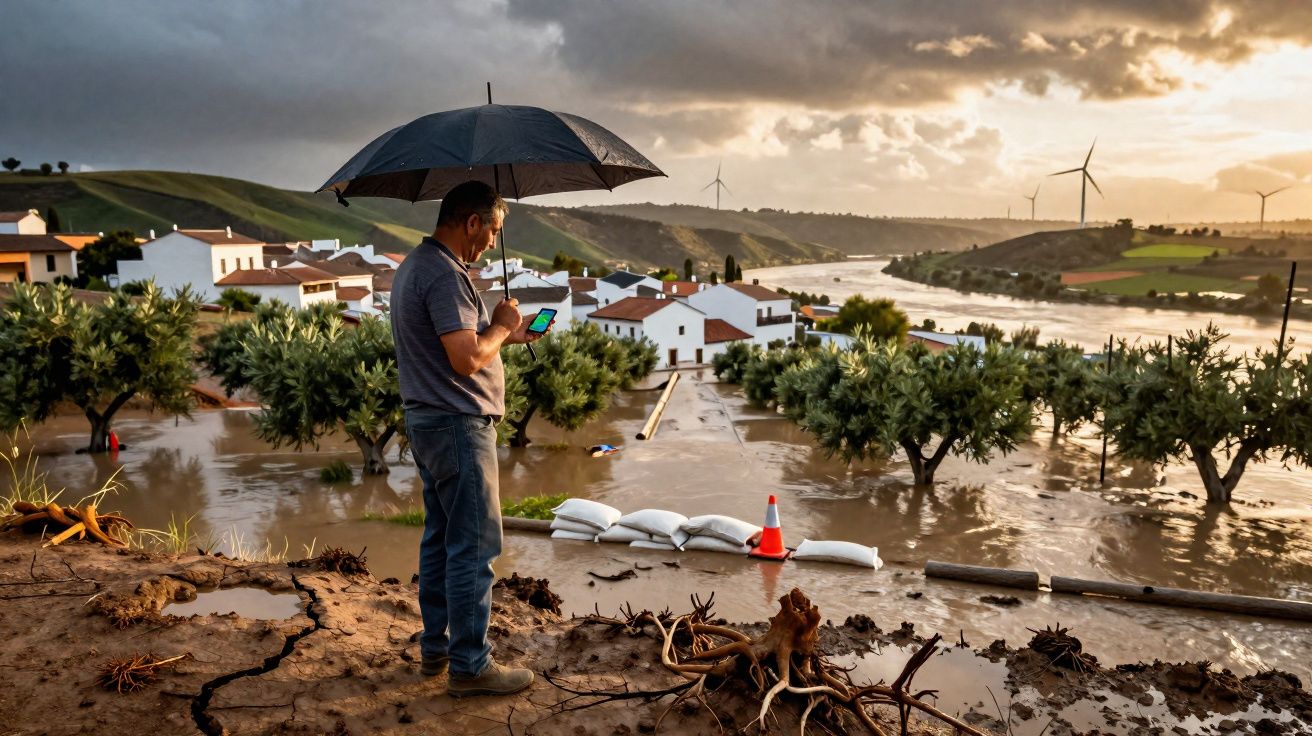 Homem com guarda-chuva observa cheia em aldeia com casas e árvores inundadas ao pôr do sol.