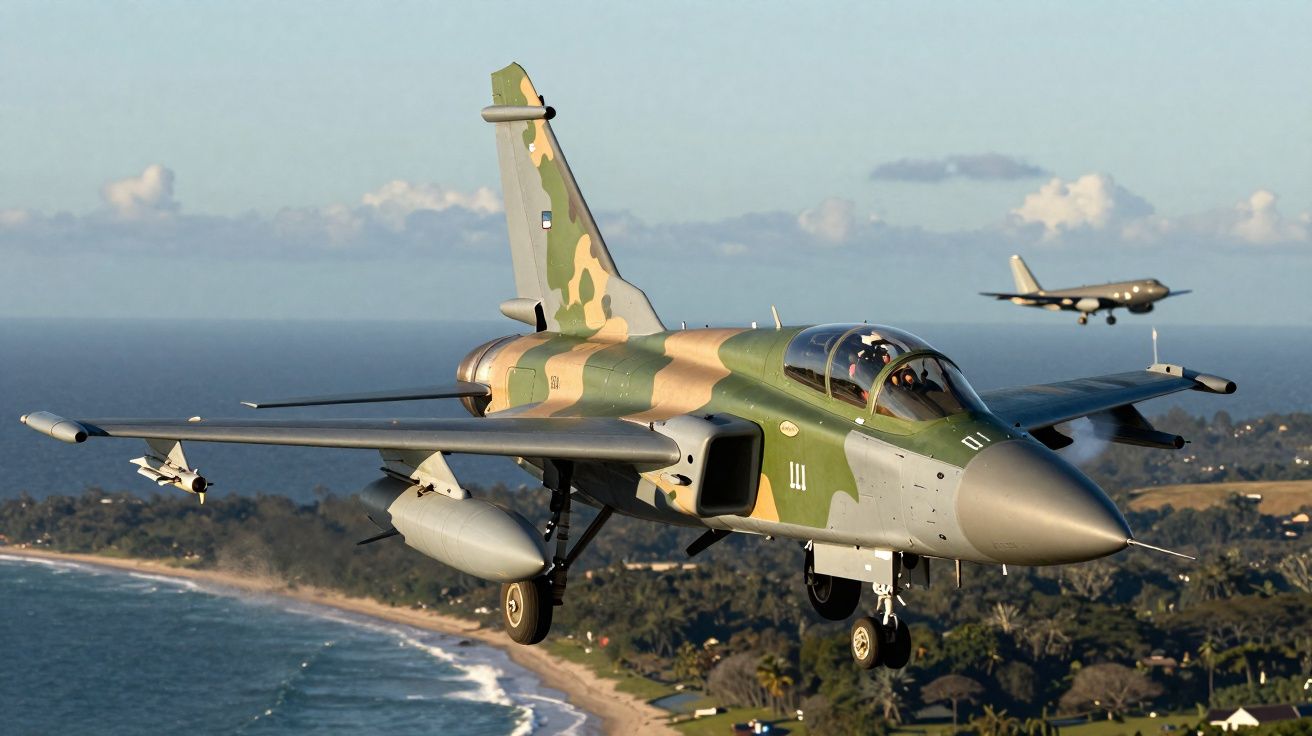 Avião militar camuflado de assalto a voar sobre a costa com outro avião ao fundo.
