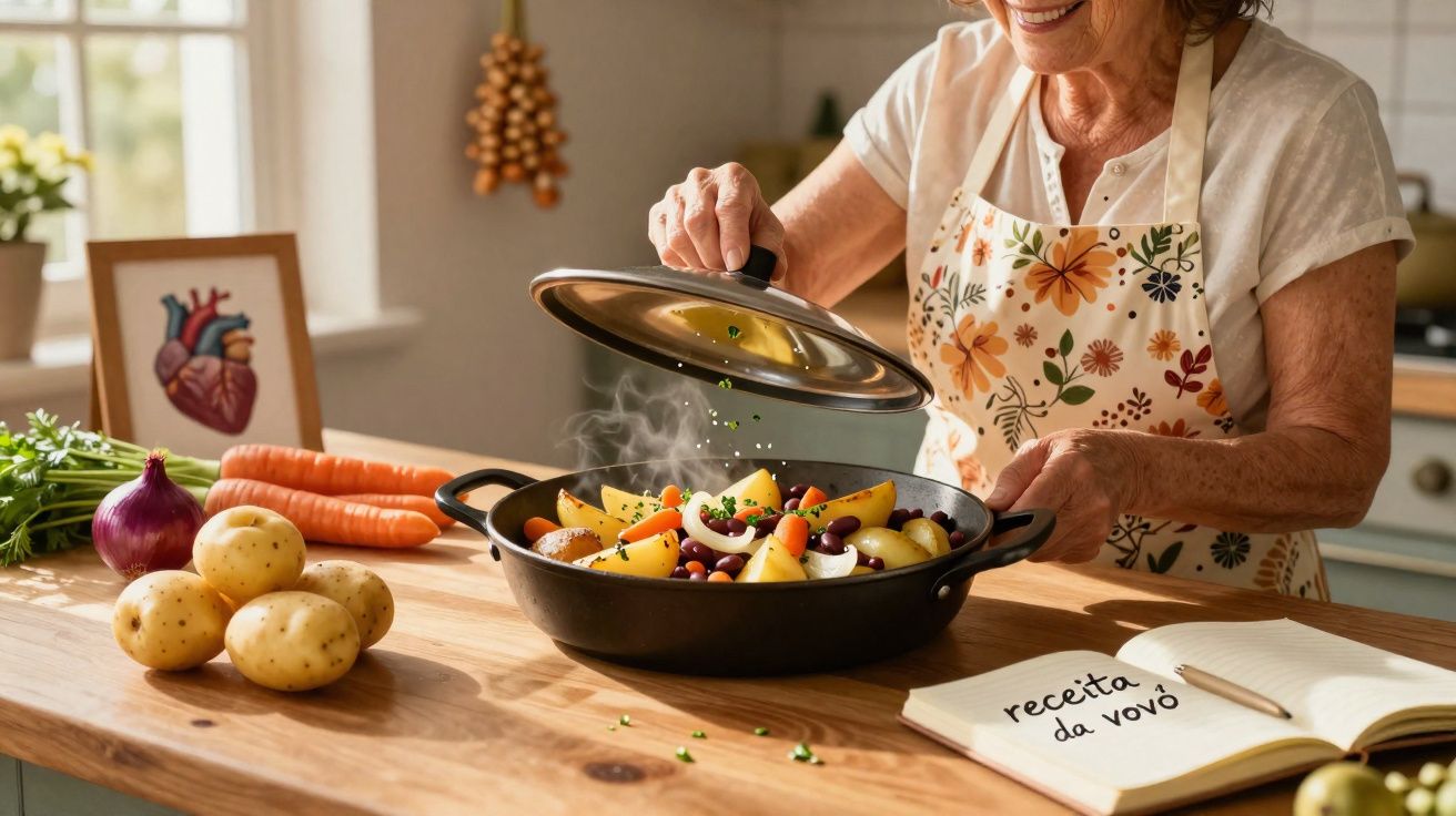 Mulher idosa a cozinhar legumes numa panela com receita da avó escrita num caderno na bancada.