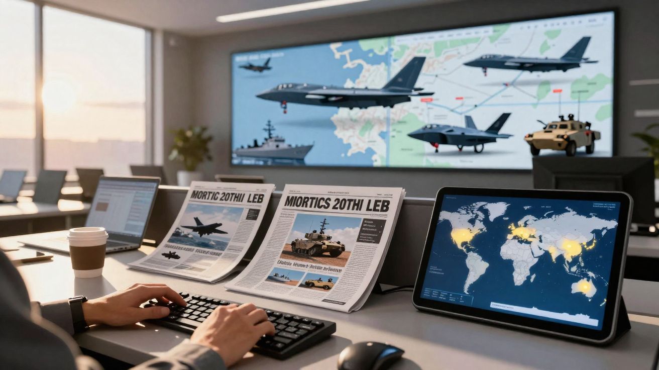 Pessoa a trabalhar num comando militar com mapas, jornais e ecrãs exibindo aviões e veículos militares.