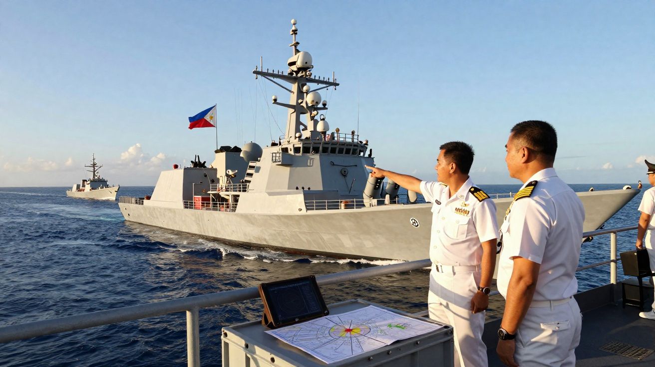Dois oficiais navais em uniforme branco observam um navio militar cinzento com bandeira das Filipinas no mar.