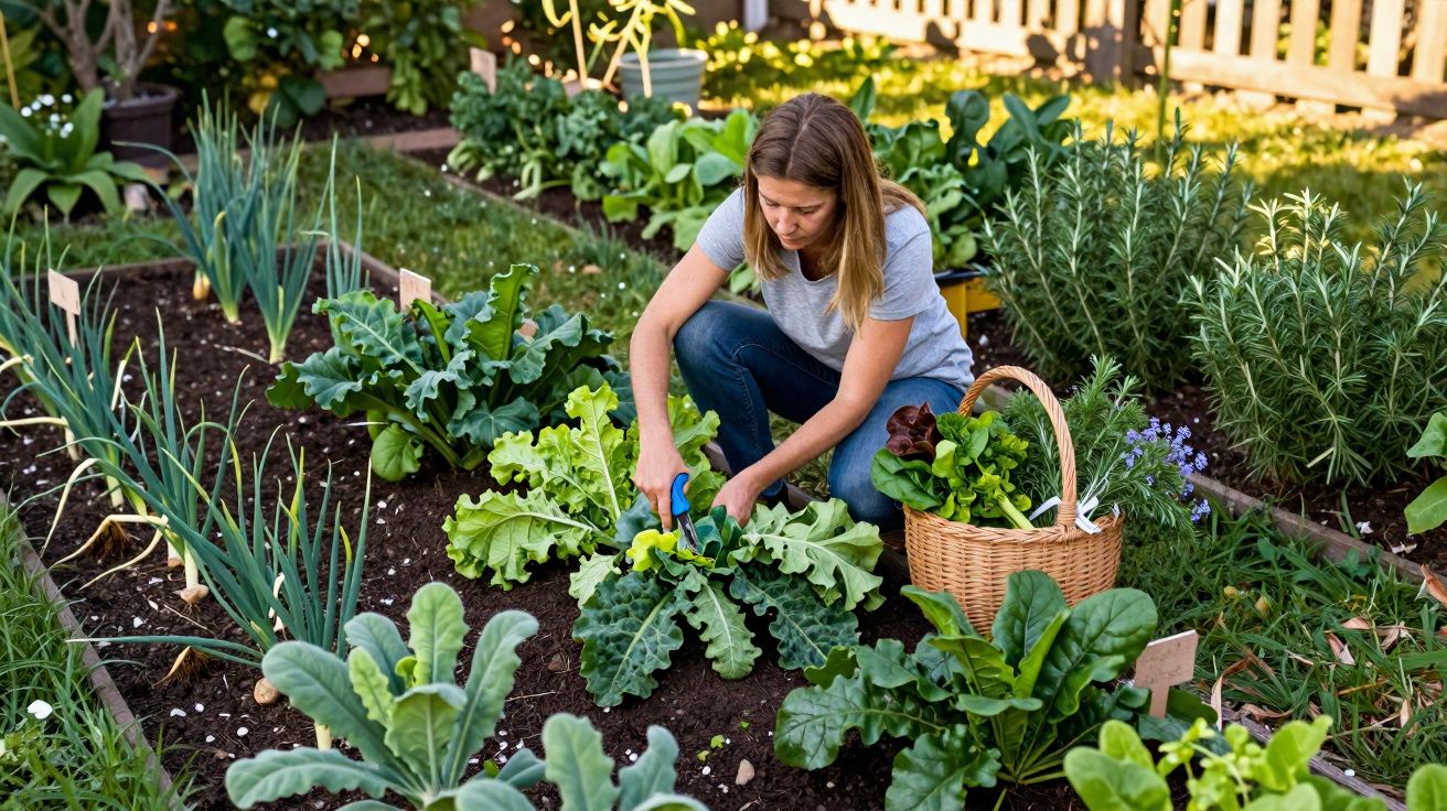 Mulher colhe legumes num horta caseira cheia de alfaces, couves e ervas aromáticas num dia ensolarado.