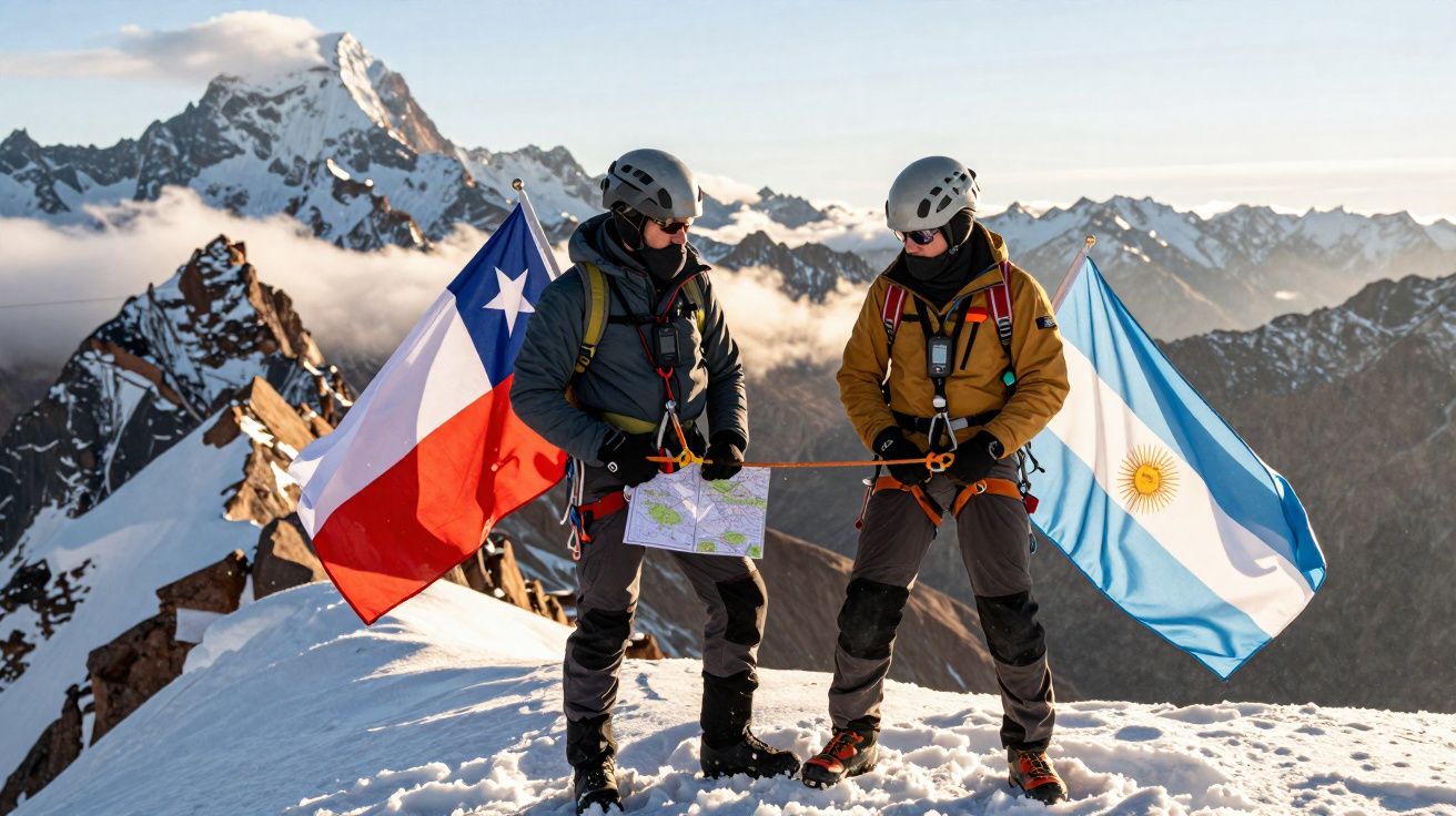Dois alpinistas com capacetes e bandeiras do Chile e Argentina, em cume nevado com montanhas ao fundo.