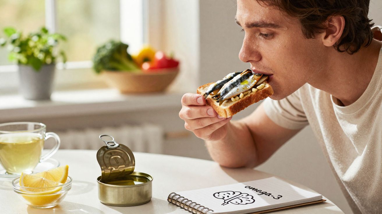 Homem a comer torrada com sardinhas e pinhões, ao lado de chá, limão e caderno sobre omega-3.