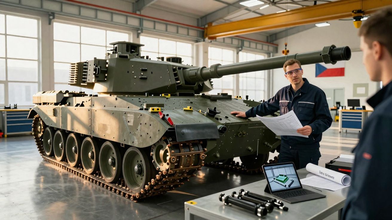 Dois engenheiros analisam um tanque moderno em oficina de montagem com documentos e computador portátil.