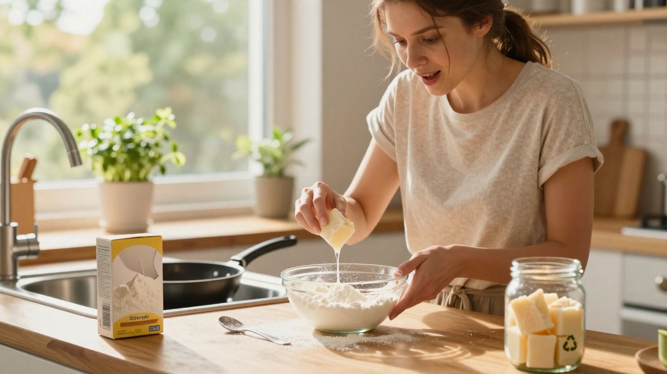 Mulher a partir manteiga numa tigela com farinha na cozinha iluminada por luz natural.