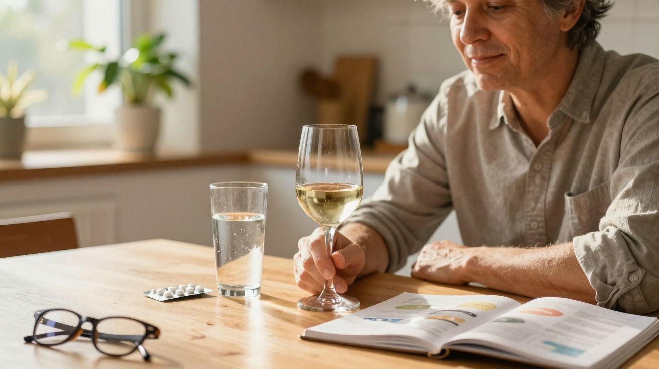 Homem sentado à mesa com um copo de vinho branco, água, medicamentos e um livro aberto.
