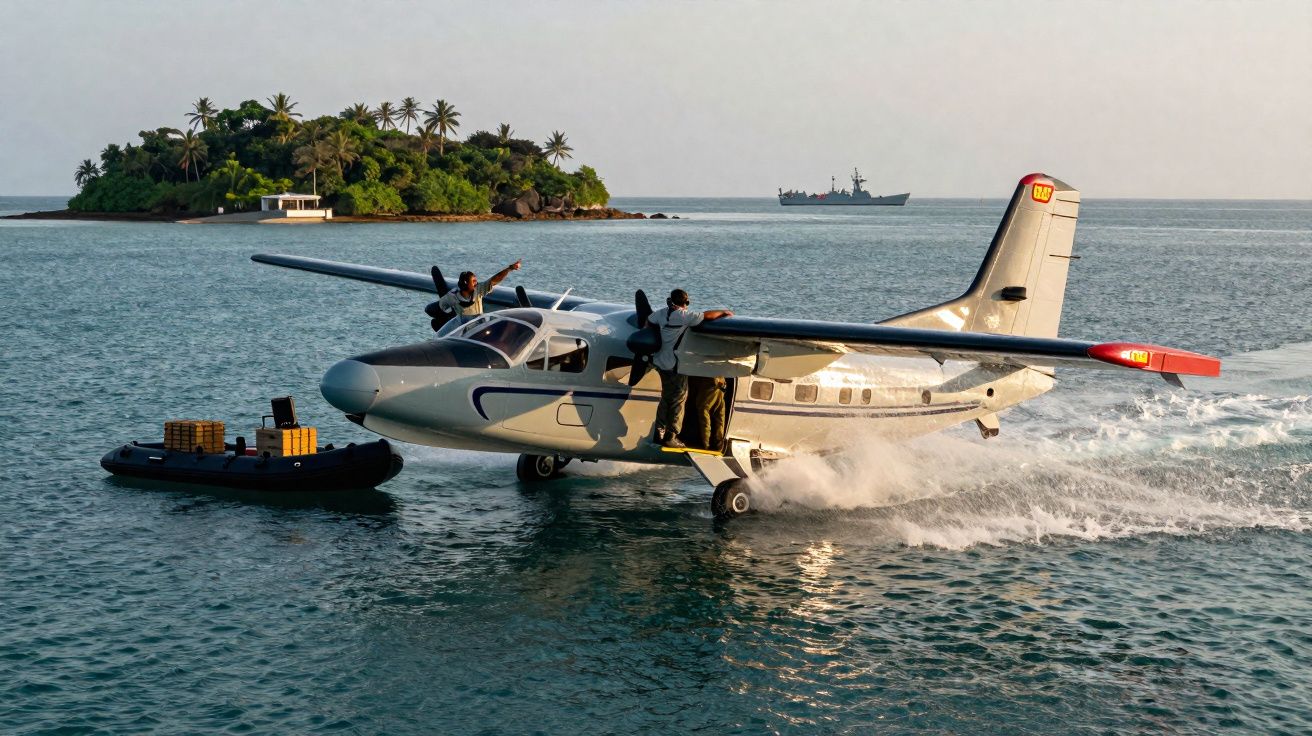 Avião anfíbio a descolar da água perto de uma pequena ilha tropical com pessoas a bordo.