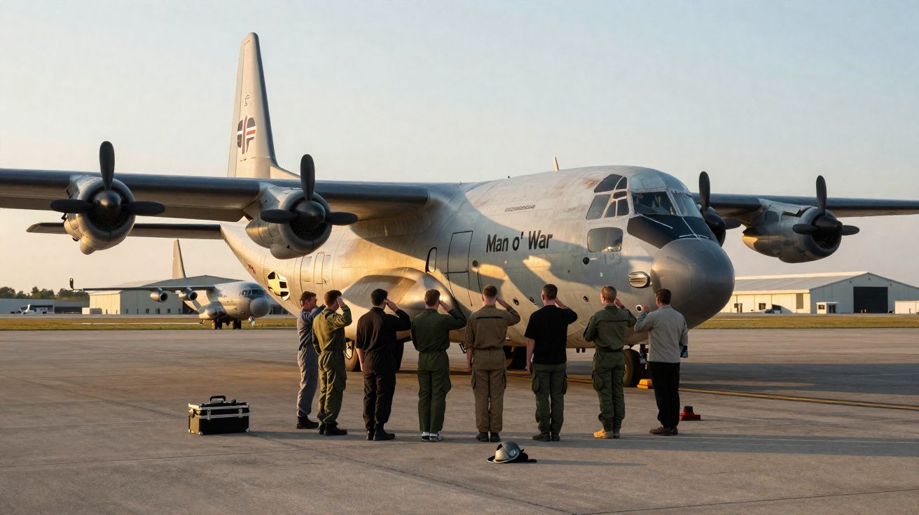 Grupo de militares a saudar um avião militar C-130 Hercules estacionado numa pista ao pôr do sol.