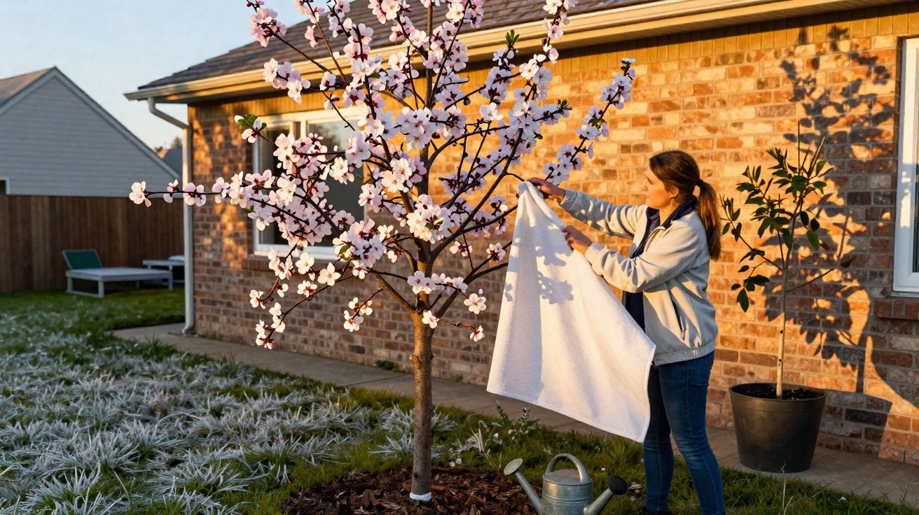 Mulher a cobrir uma árvore florida com um pano branco no jardim ao pôr do sol.