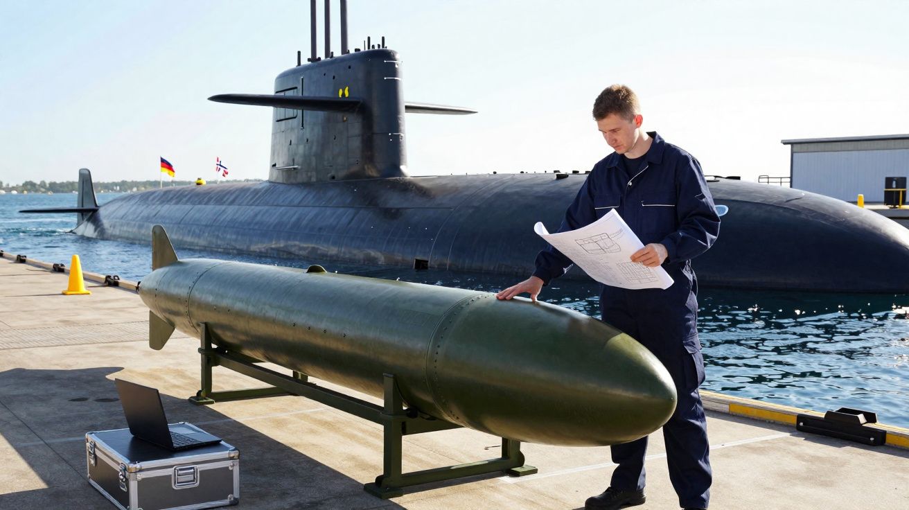 Homem com fato azul inspeciona torpedo junto a submarino atracado num cais à beira-mar.