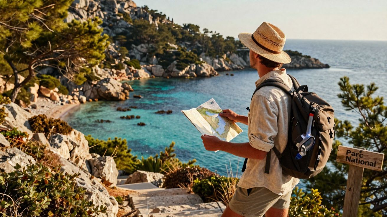 Homem com chapéu e mochila consulta mapa junto ao mar num parque natural costeiro rochoso.