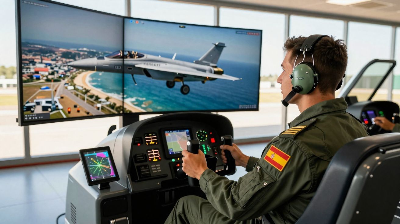 Piloto militar a usar simulador de voo com ecrã grande a mostrar caça em voo perto da costa.