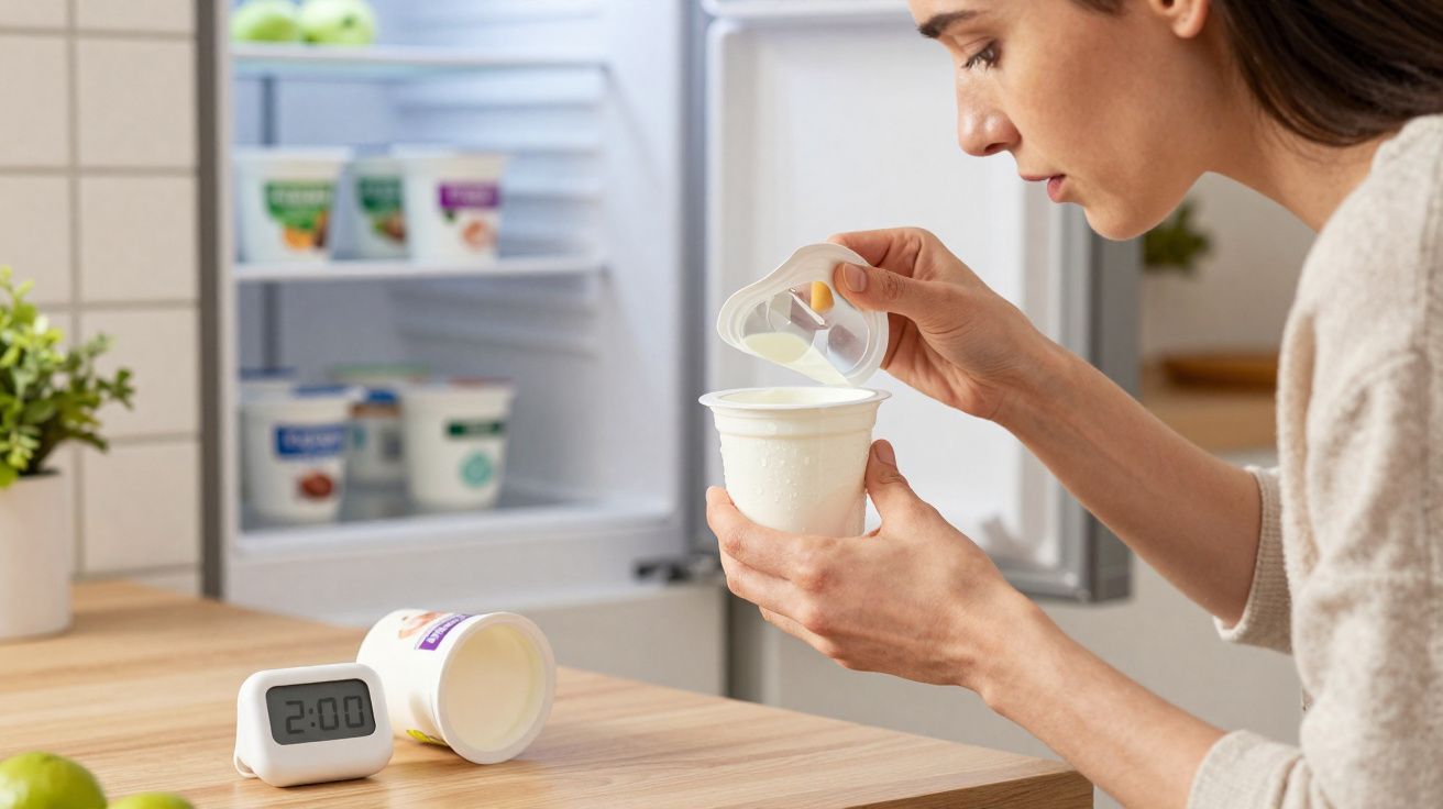 Mulher a abrir embalagem de iogurte ao lado de frigorífico aberto e temporizador em cima da mesa.