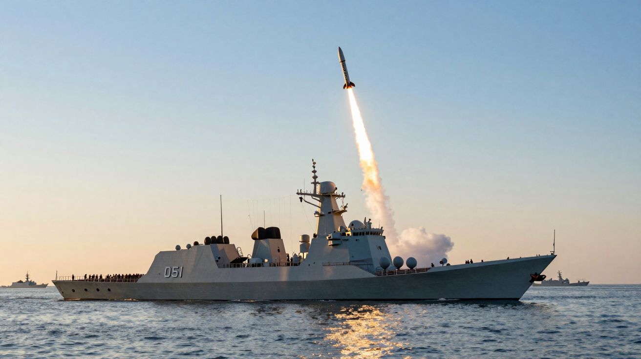 Fragata militar a lançar um míssil sobre o mar ao pôr do sol.